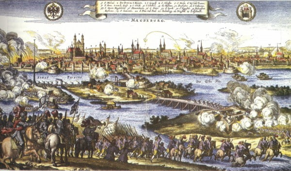 De inname van Maagdenburg in 1631 staat symbool voor de verwoestingen tijdens de oorlog.
